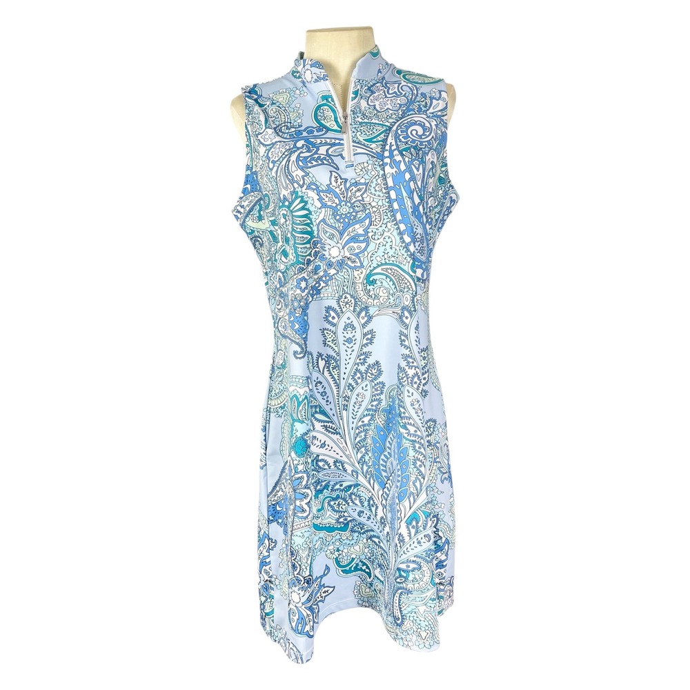 Acegolfs Womens Blue Paisley Sleeveless Golf Dress Quarter Zip Pockets Size M